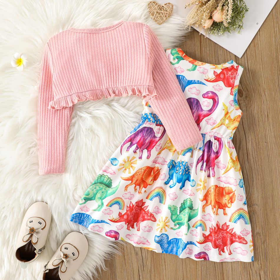 2pcs Toddler Girl Dinosaur Print Sleeveless Dress and Ruffled Cardigan Set Pink big image 2