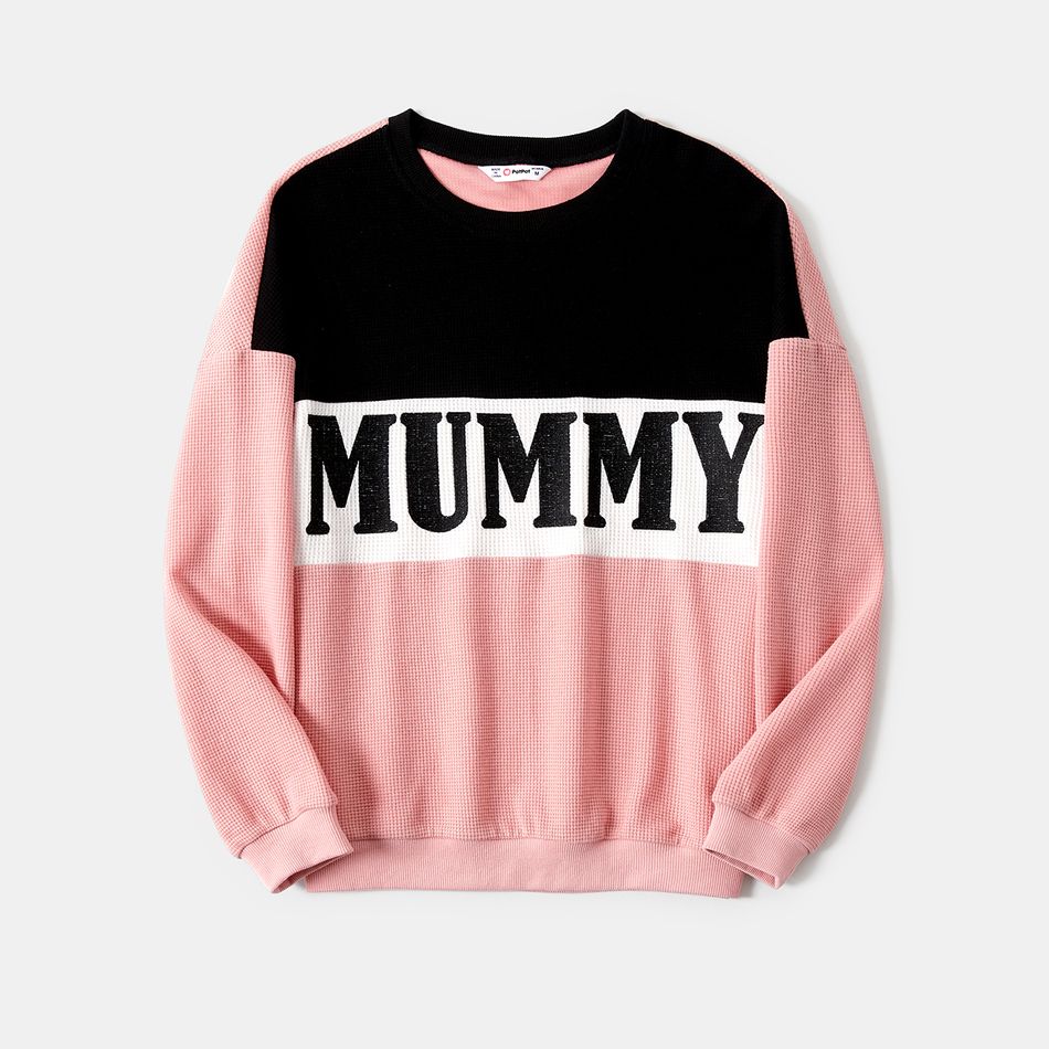 Mommy and Me Heart & Letter Embroidered Colorblock Waffle Textured Long-sleeve Sweatshirts Pink big image 2
