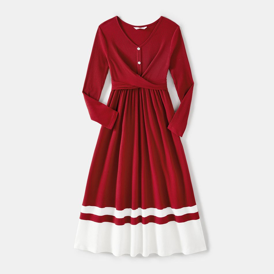 Family Matching Burgundy Ribbed Crisscross Pleated Midi Dresses and Long-sleeve Colorblock Tops Sets Burgundy big image 2
