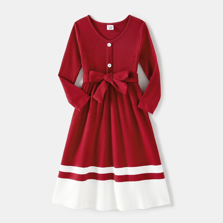 Family Matching Burgundy Ribbed Crisscross Pleated Midi Dresses and Long-sleeve Colorblock Tops Sets Burgundy big image 7