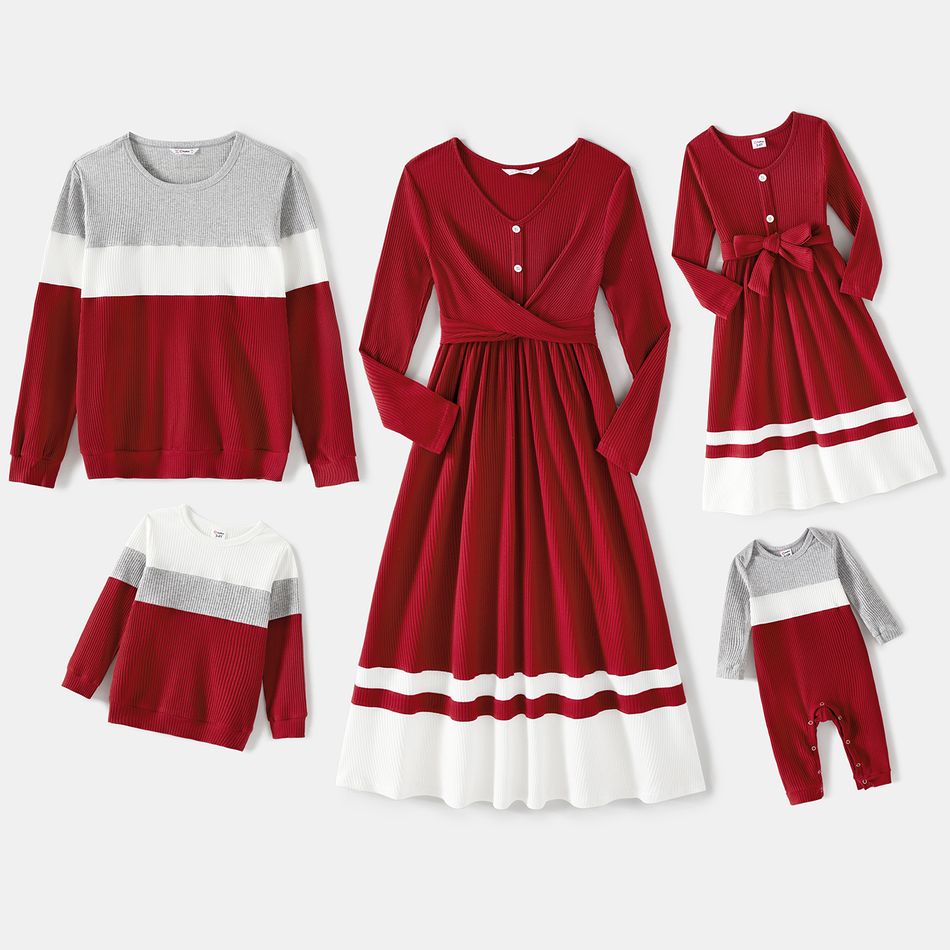 Family Matching Burgundy Ribbed Crisscross Pleated Midi Dresses and Long-sleeve Colorblock Tops Sets Burgundy big image 18