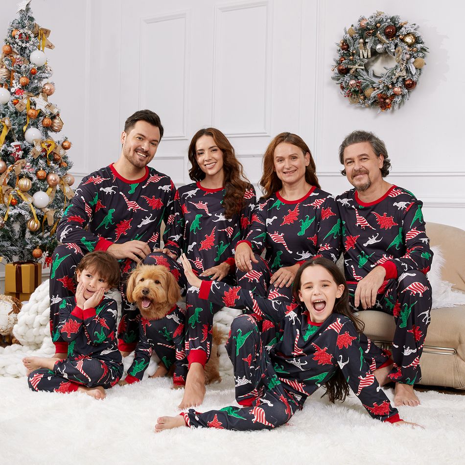 Christmas Family Matching Allover Dinosaur Print Black Long-sleeve Pajamas Sets (Flame Resistant) ColorBlock big image 2