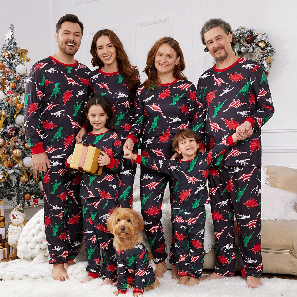 Christmas Family Matching Allover Dinosaur Print Black Long-sleeve Pajamas Sets (Flame Resistant) ColorBlock big image 3