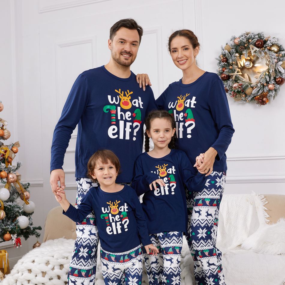 Christmas Family Matching Dark Blue Graphic Long-sleeve Pajamas Sets (Flame Resistant) blueblack big image 2