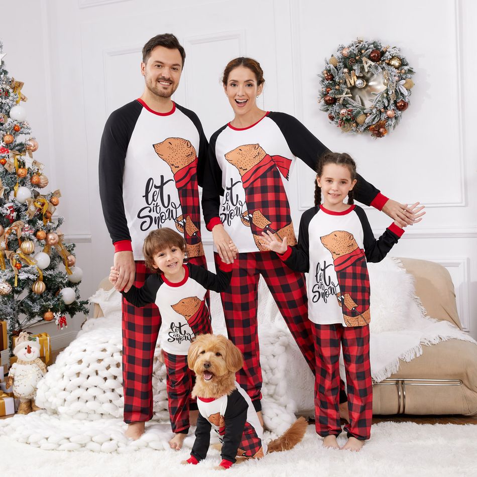 Christmas Family Matching Bear & Letter Print Raglan-sleeve Red Plaid Pajamas Sets (Flame Resistant) redblack big image 4