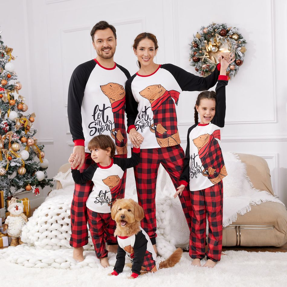 Christmas Family Matching Bear & Letter Print Raglan-sleeve Red Plaid Pajamas Sets (Flame Resistant) redblack big image 5