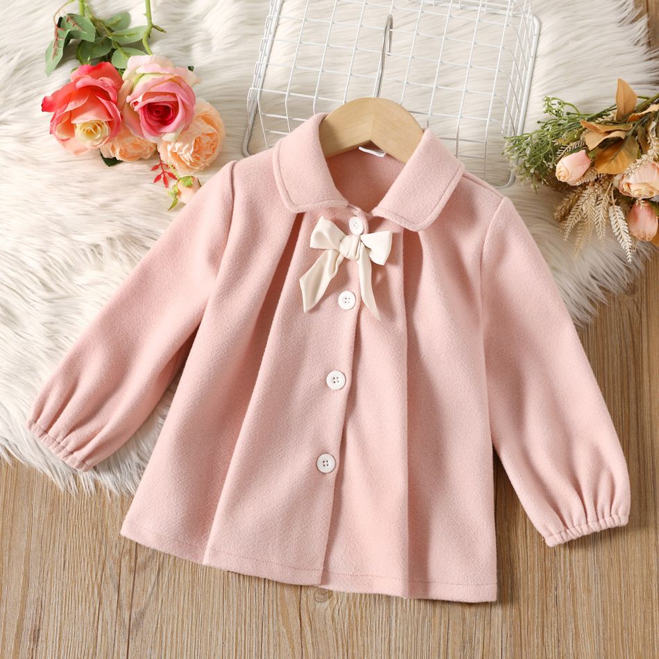 Toddler Girl Bowknot Design Lapel Collar Pink Coat Pink big image 1
