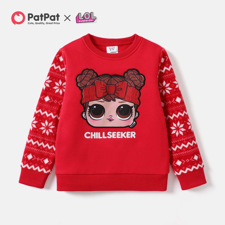 L.O.L. SURPRISE! Kid Girl Christmas Character Print Polar Fleece Splice Sleeve Sweatshirt Red-2 big image 1
