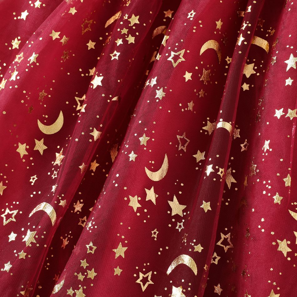 Kid Girl Ruffle Collar Velvet Mesh Splice Stars Moon Glitter Design Long-sleeve Party Evening Dress WineRed