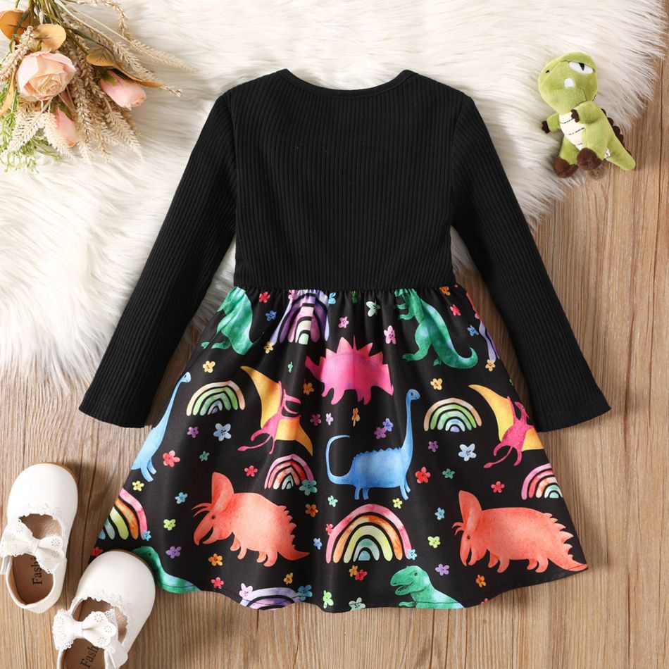 Toddler Girl Faux-two Dinosaur Print Bowknot Design Long-sleeve Dress Black big image 2