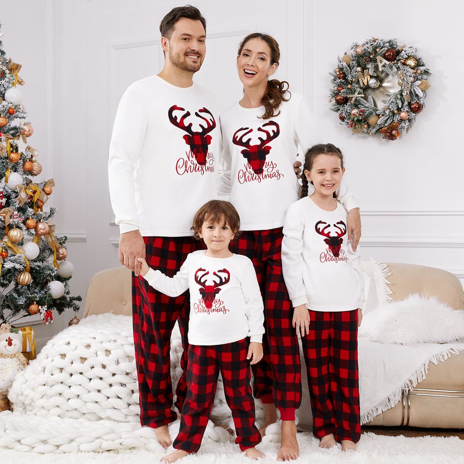 Christmas Family Matching Deer & Letter Embroidered Thickened Polar Fleece Long-sleeve Red Plaid Pajamas Sets (Flame Resistant) redblack big image 7