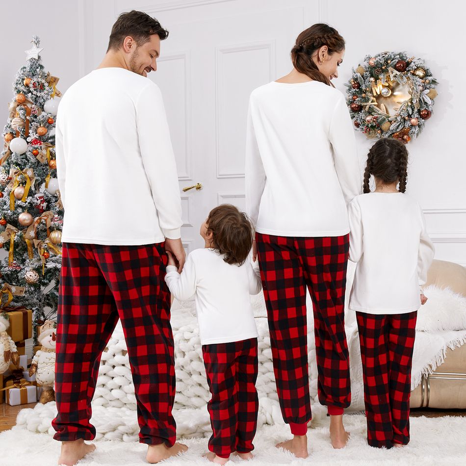 Christmas Family Matching Deer & Letter Embroidered Thickened Polar Fleece Long-sleeve Red Plaid Pajamas Sets (Flame Resistant) redblack big image 3