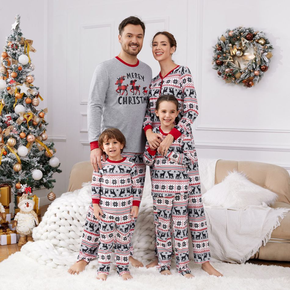Christmas Family Matching Allover Deer & Snowflake Print Long-sleeve Pajamas Sets (Flame Resistant) MiddleAsh big image 2