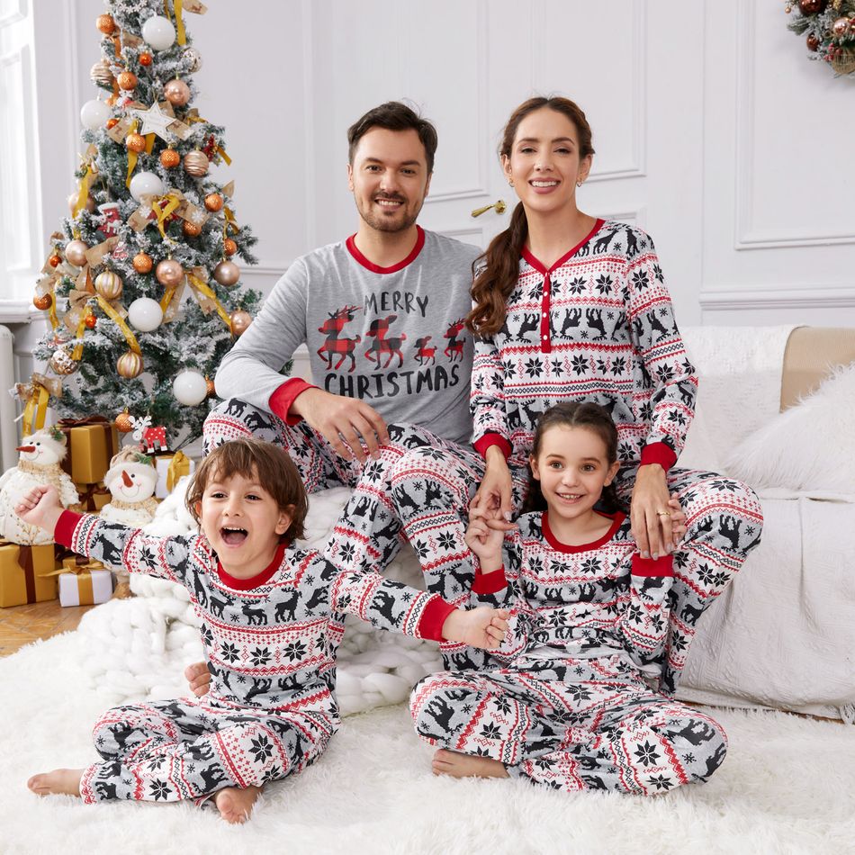 Christmas Family Matching Allover Deer & Snowflake Print Long-sleeve Pajamas Sets (Flame Resistant) MiddleAsh