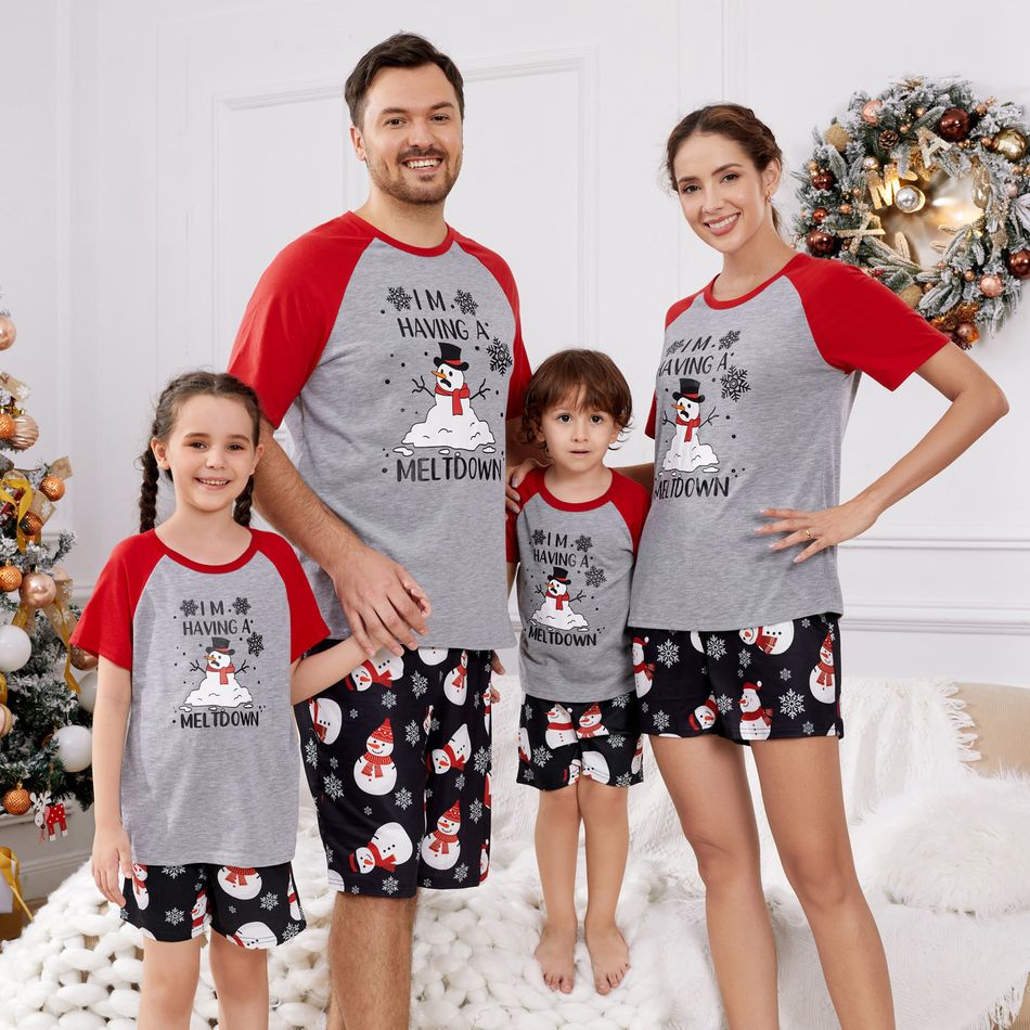 Christmas Family Matching Short-sleeve Snowman & Letter Print Pajamas Sets (Flame Resistant) Black big image 2