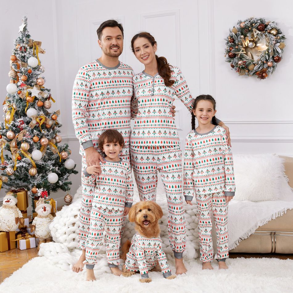 Christmas Family Matching Allover Xmas Tree Print Long-sleeve Pajamas Sets (Flame Resistant) White big image 3