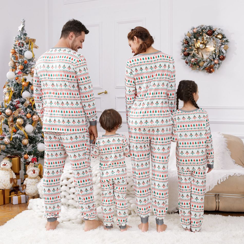 Christmas Family Matching Allover Xmas Tree Print Long-sleeve Pajamas Sets (Flame Resistant) White big image 5