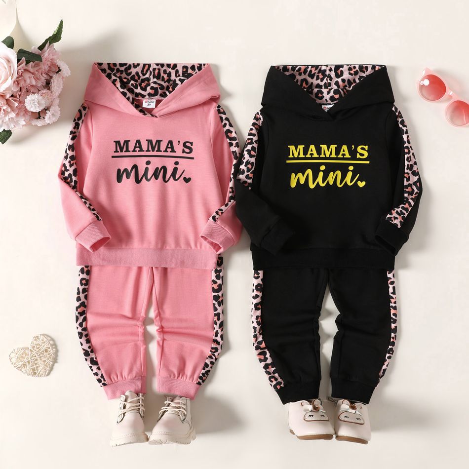 2pcs Toddler Girl/Boy Letter Leopard Print Hoodie Sweatshirt and Elasticized Pants Set Black