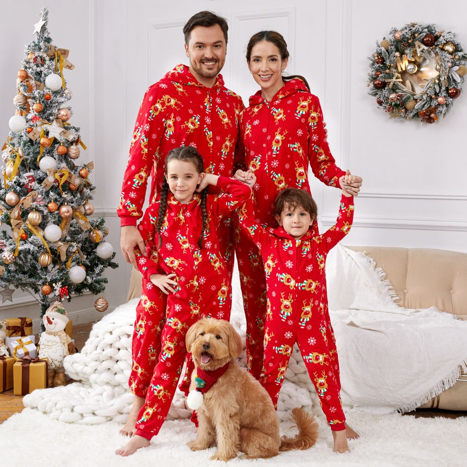 Christmas Family Matching Allover Deer Print 3D Antler Hooded Long-sleeve Red Thickened Polar Fleece Onesies Pajamas (Flame Resistant) Red-2 big image 5