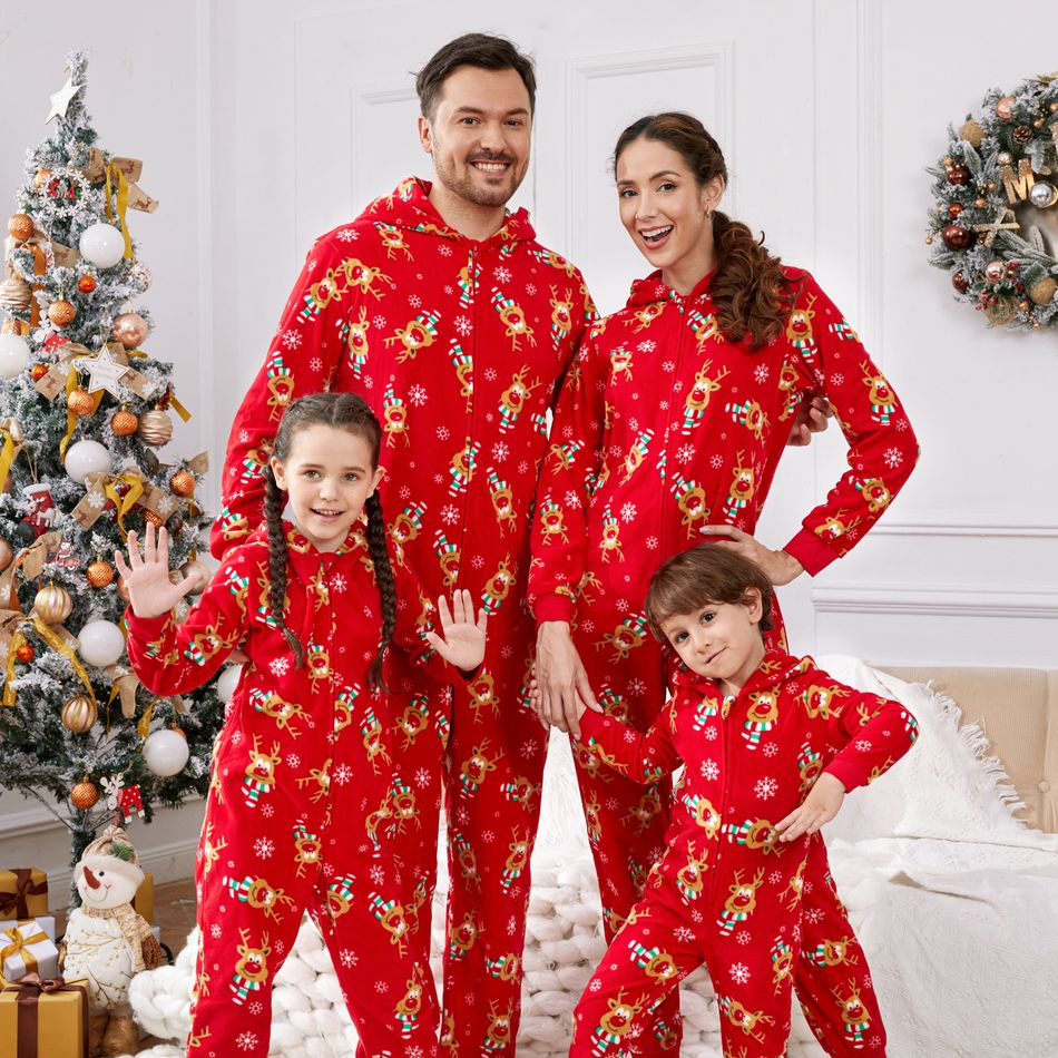 Christmas Family Matching Allover Deer Print 3D Antler Hooded Long-sleeve Red Thickened Polar Fleece Onesies Pajamas (Flame Resistant) Red-2 big image 4
