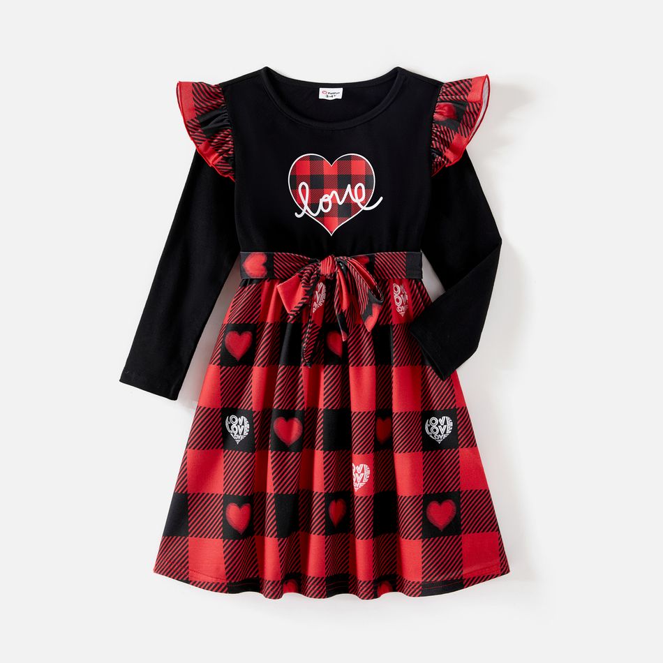 Valentine's Day Mommy and Me Cotton Long-sleeve Spliced Heart Print Red Plaid Belted Dresses redblack big image 5