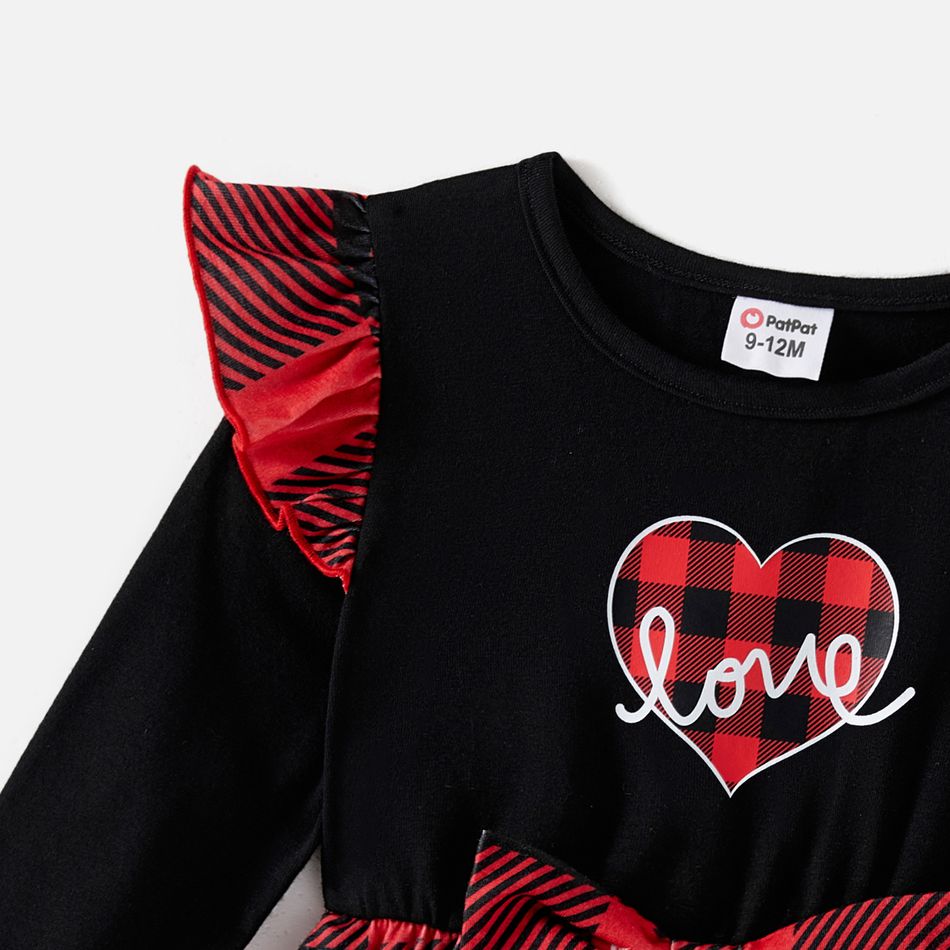 Valentine's Day Mommy and Me Cotton Long-sleeve Spliced Heart Print Red Plaid Belted Dresses redblack big image 7