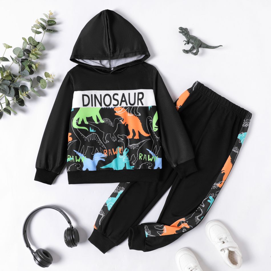 2pcs Kid Girl Dinosaur Print Black Hoodie Sweatshirt and Pants Set Black big image 1