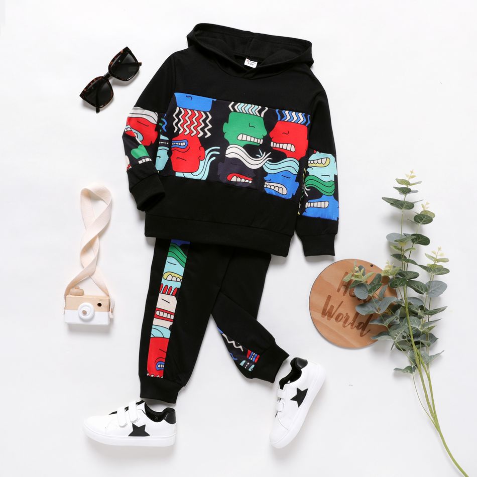 2pcs Kid Boy Character Print Colorblock Hoodie Sweatshirt and Pants Set Black big image 1