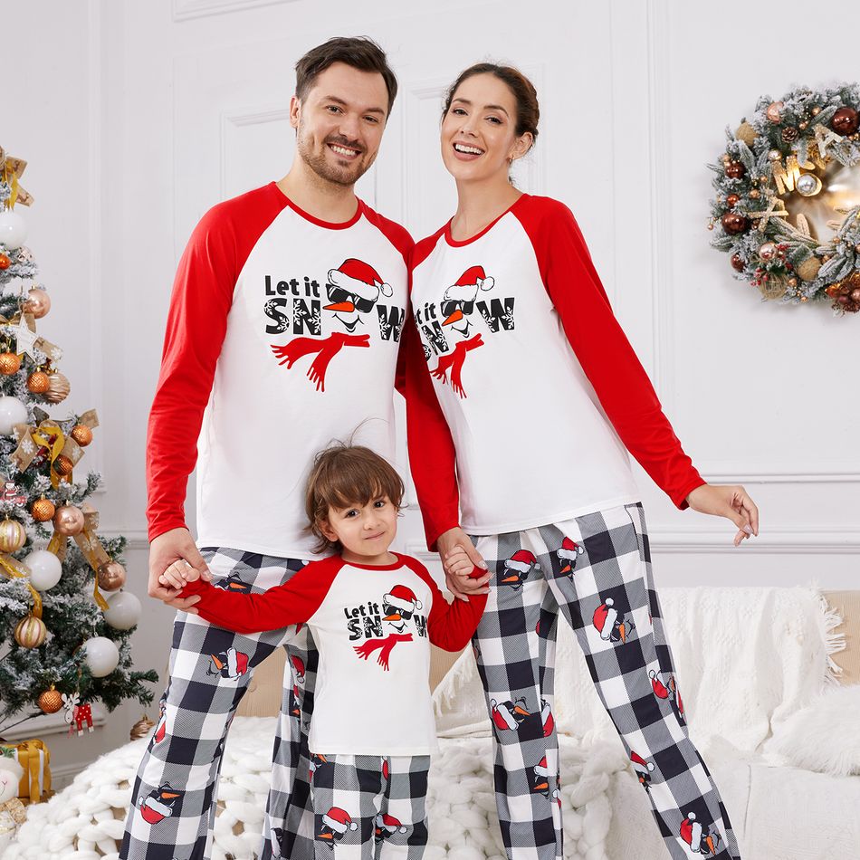 Christmas Family Matching Snowman & Letter Print Red Raglan-sleeve Plaid Pajamas Sets (Flame Resistant) Red big image 2