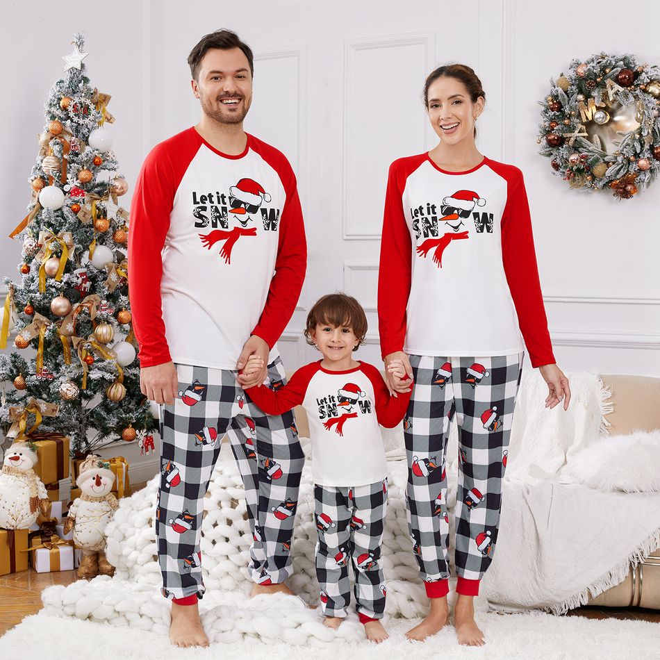 Christmas Family Matching Snowman & Letter Print Red Raglan-sleeve Plaid Pajamas Sets (Flame Resistant) Red big image 4