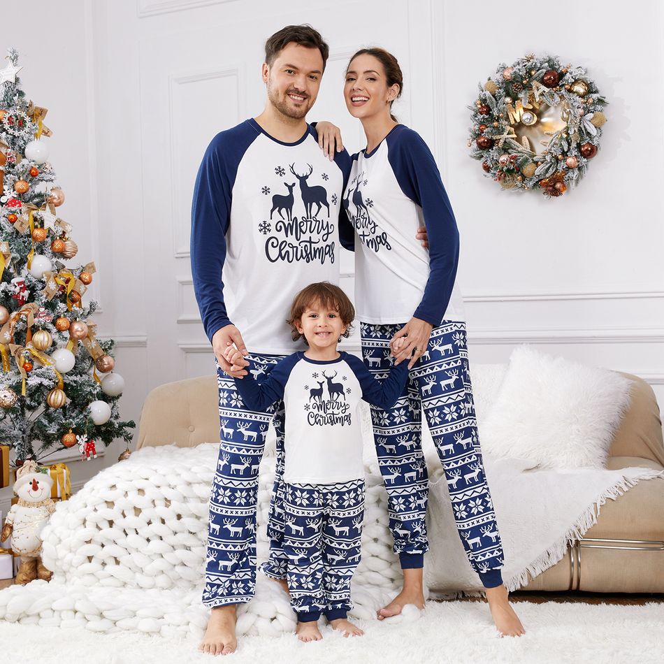 Family Matching Blue Raglan-sleeve Deer & Letter Graphic Allover Print Pajamas Sets (Flame Resistant) BLUEWHITE big image 4