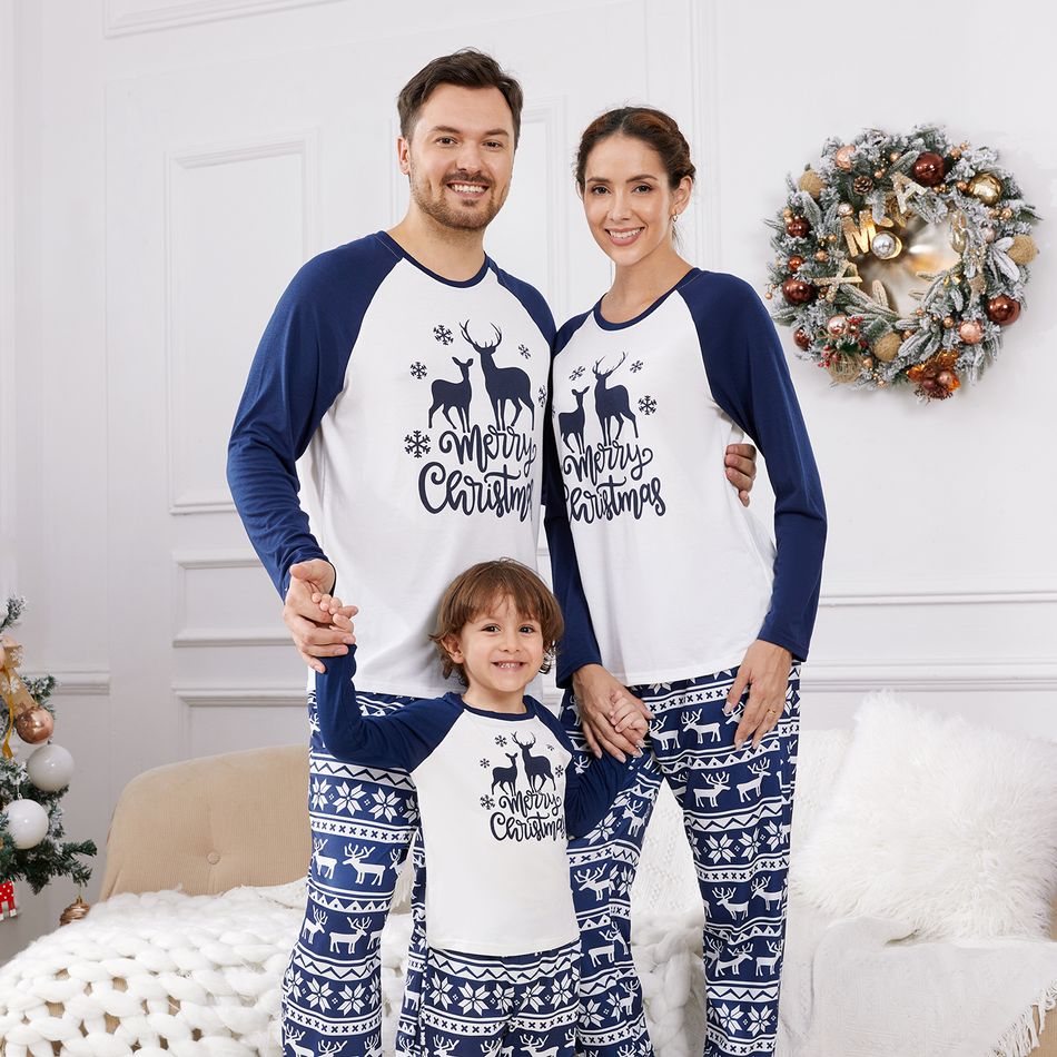 Family Matching Blue Raglan-sleeve Deer & Letter Graphic Allover Print Pajamas Sets (Flame Resistant) BLUEWHITE big image 2
