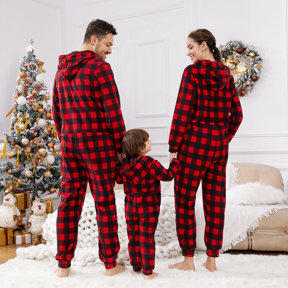 Christmas Family Matching Red Plaid Hooded Long-sleeve Thickened Polar Fleece Zipper Onesies Pajamas (Flame Resistant) redblack big image 3