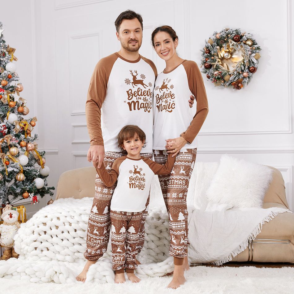 Christmas Family Matching Reindeer & Letter Print Raglan-sleeve Pajamas Sets (Flame Resistant) Khaki big image 3