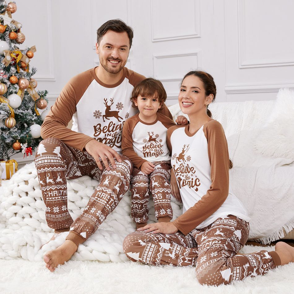 Christmas Family Matching Reindeer & Letter Print Raglan-sleeve Pajamas Sets (Flame Resistant) Khaki big image 2