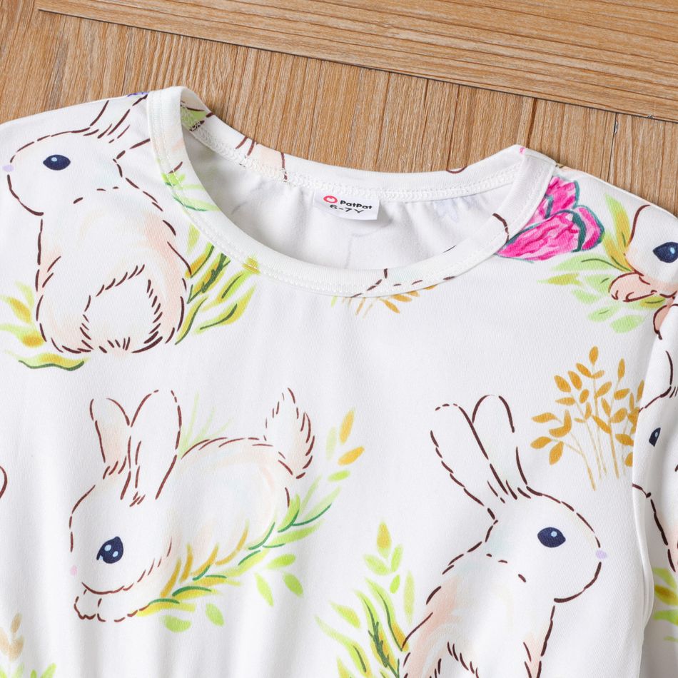 Kid Girl Cute Rabbit Floral Print Long-sleeve Dress White big image 3