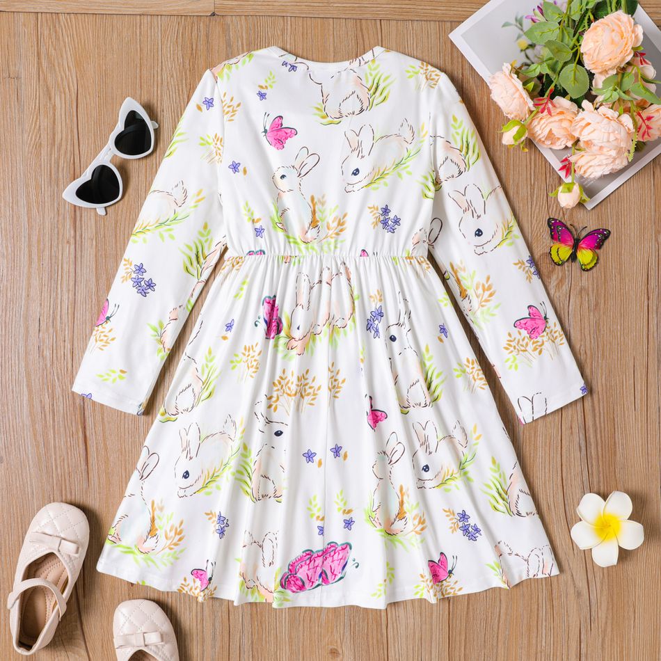 Kid Girl Cute Rabbit Floral Print Long-sleeve Dress White big image 2