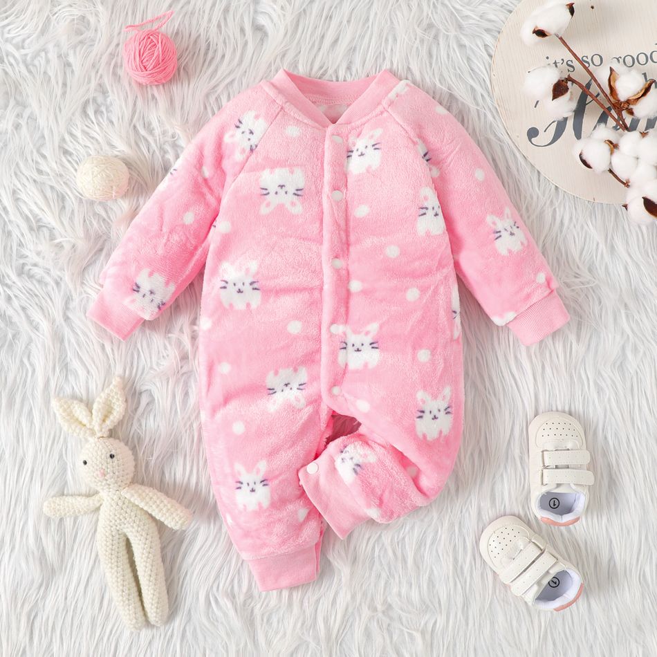 Baby Rabbit Pattern Allover Fluffy Long-sleeve Jumpsuit Pink