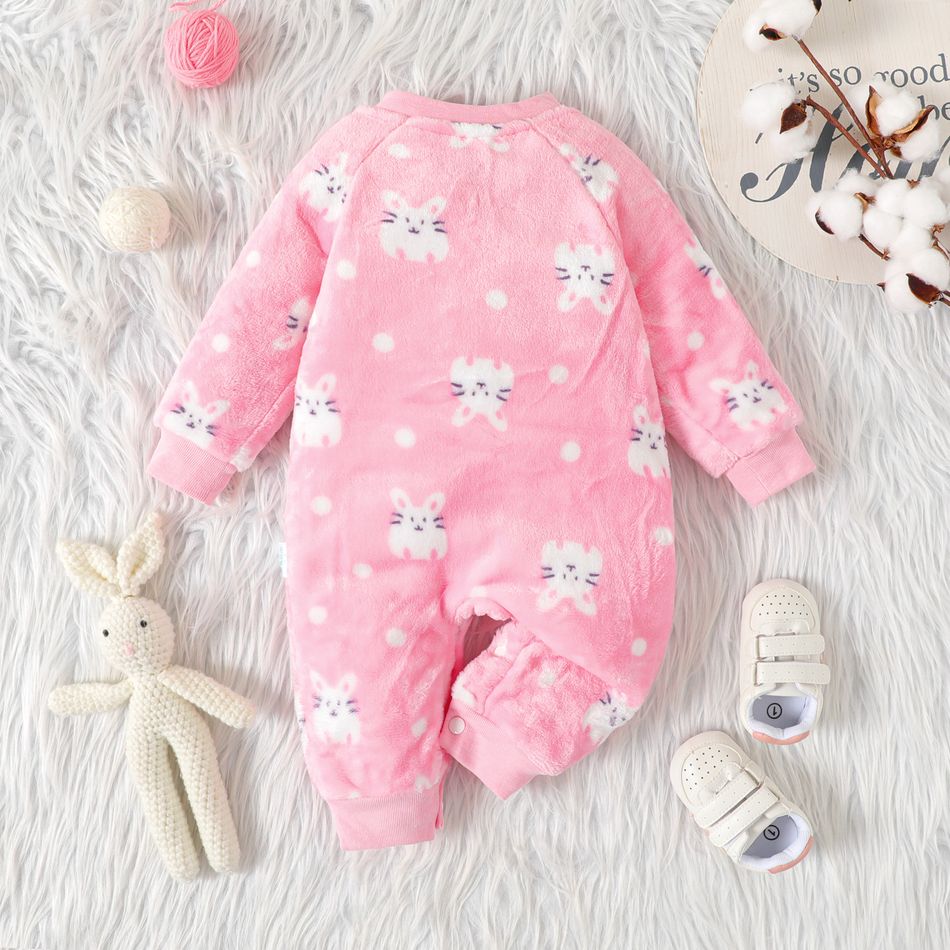 Baby Rabbit Pattern Allover Fluffy Long-sleeve Jumpsuit Pink big image 3