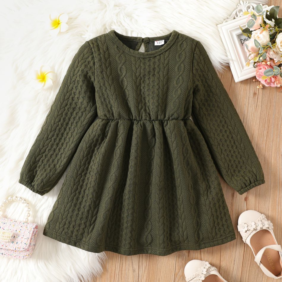 Kid Girl Solid Color Textured Long-sleeve Dress blackishgreen big image 1