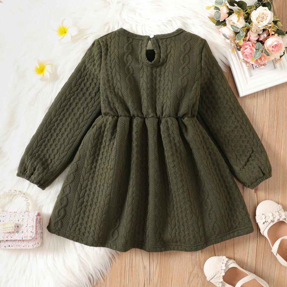 Kid Girl Solid Color Textured Long-sleeve Dress blackishgreen big image 2