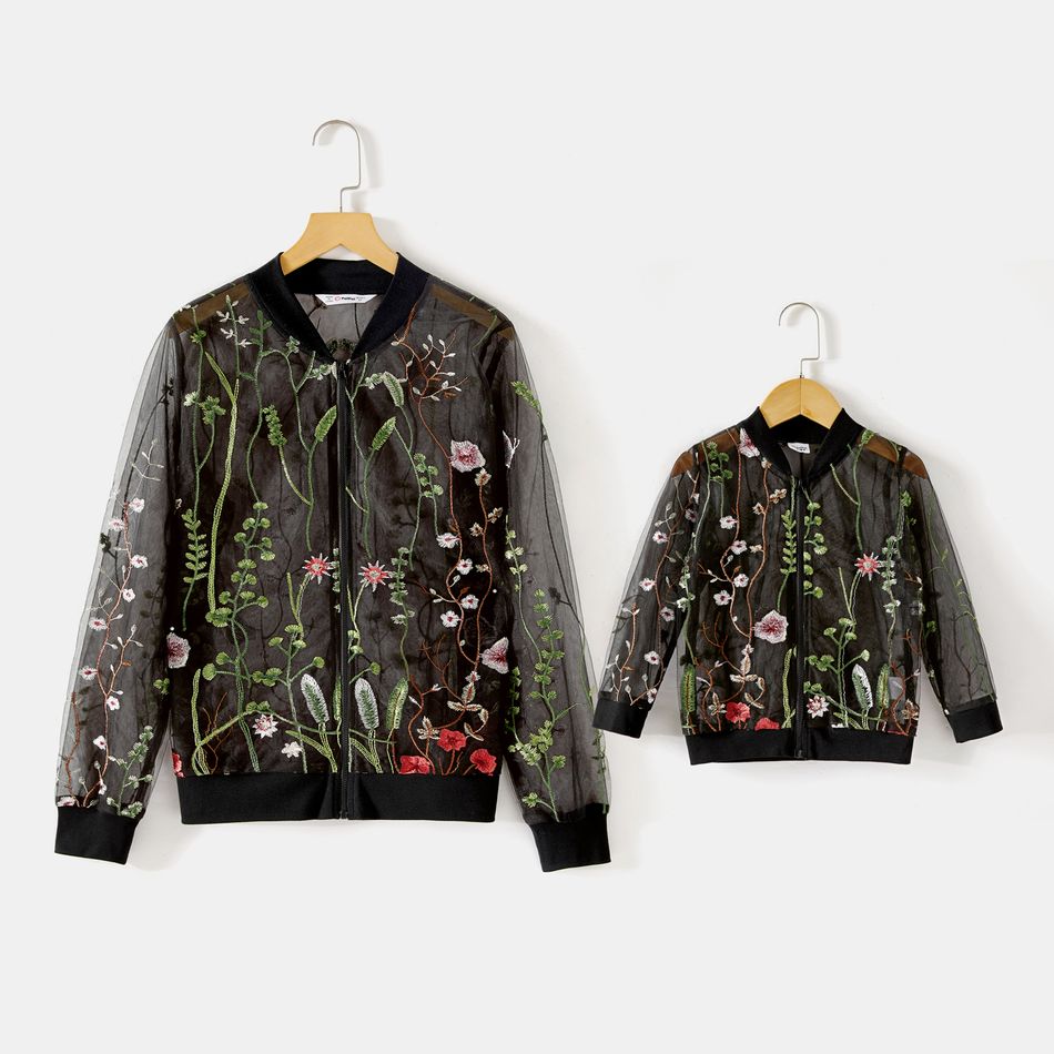 Mommy and Me Floral Embroidered Black Sheer Mesh Long-sleeve Zipper Jacket Black big image 1