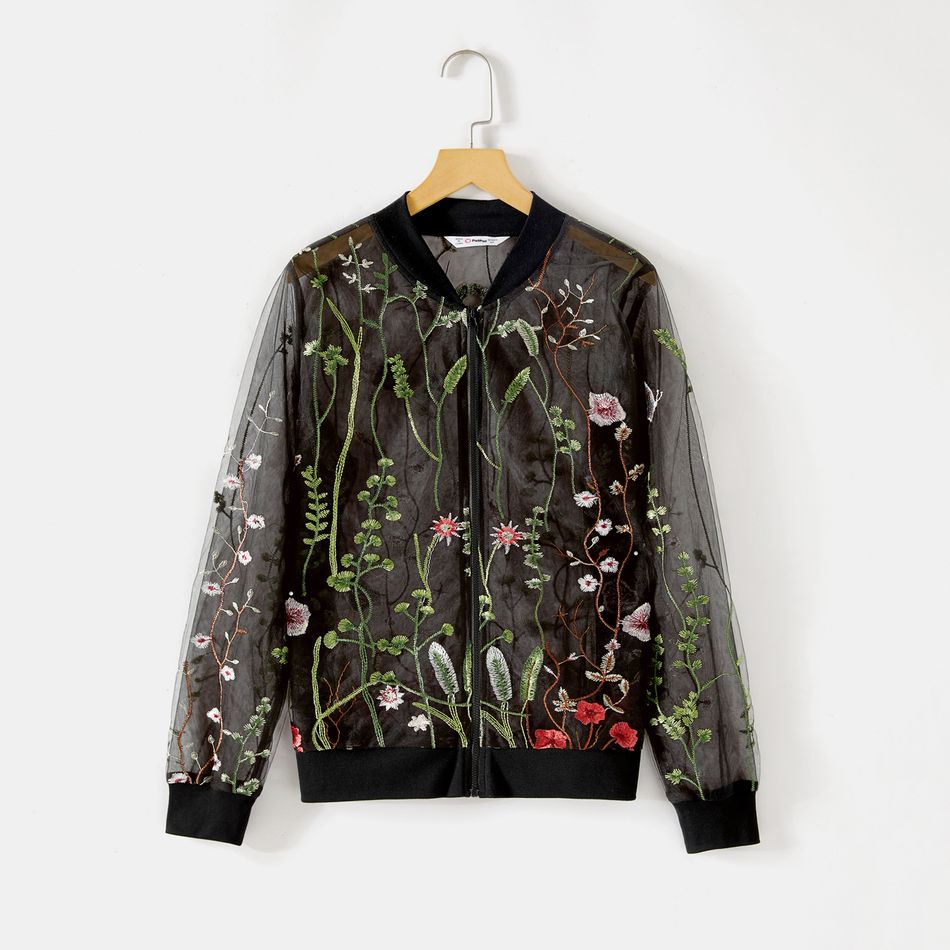 Mommy and Me Floral Embroidered Black Sheer Mesh Long-sleeve Zipper Jacket Black big image 2