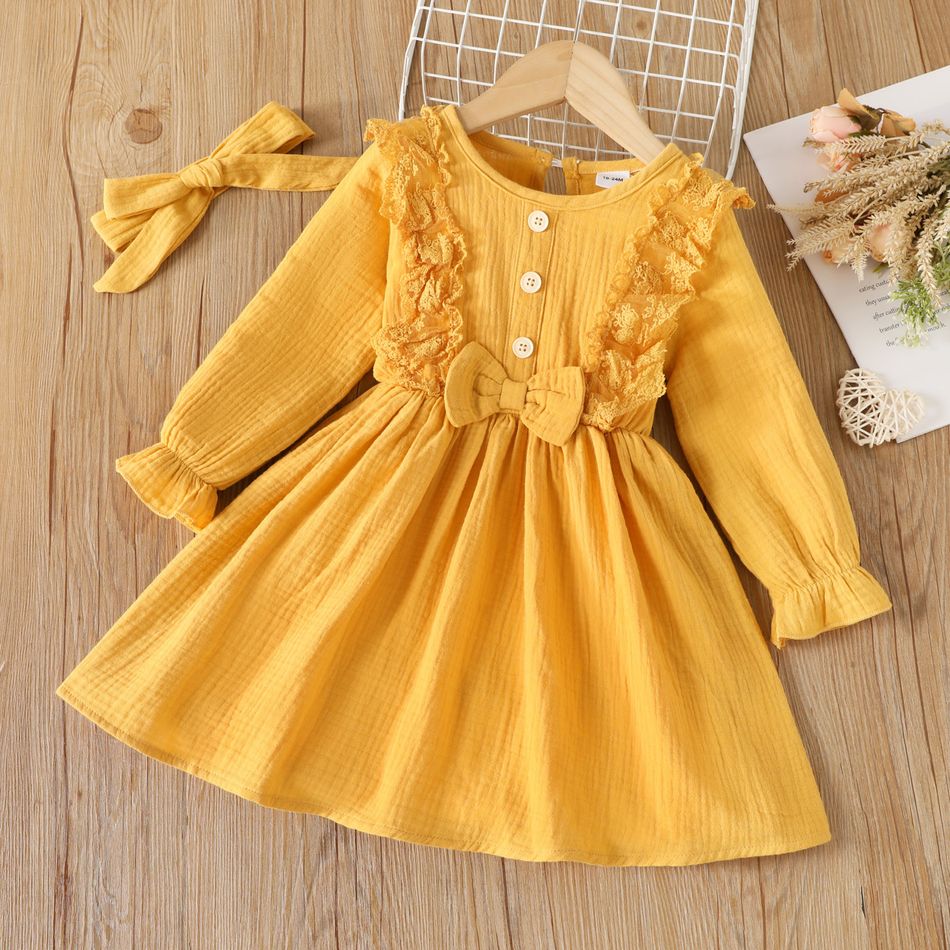 2pcs Toddler Girl Sweet 100% Cotton Ruffled Lace Design Crepe Dress and Headband Yellow