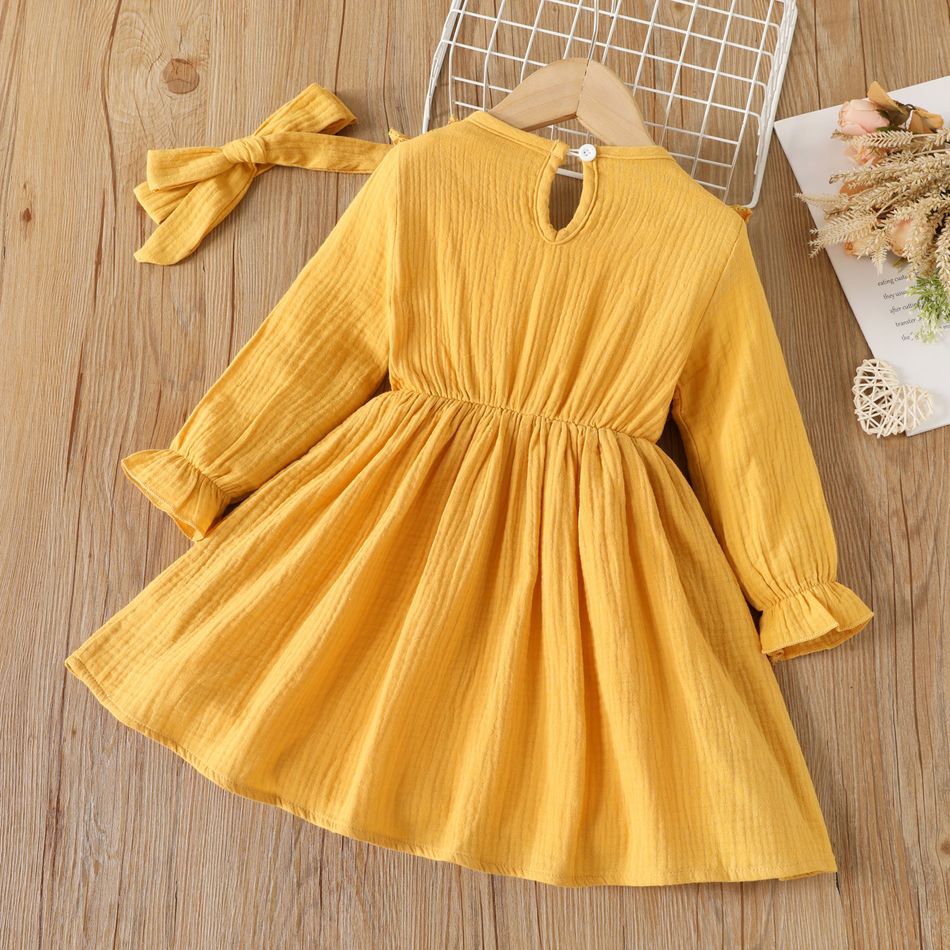 2pcs Toddler Girl Sweet 100% Cotton Ruffled Lace Design Crepe Dress and Headband Yellow big image 2
