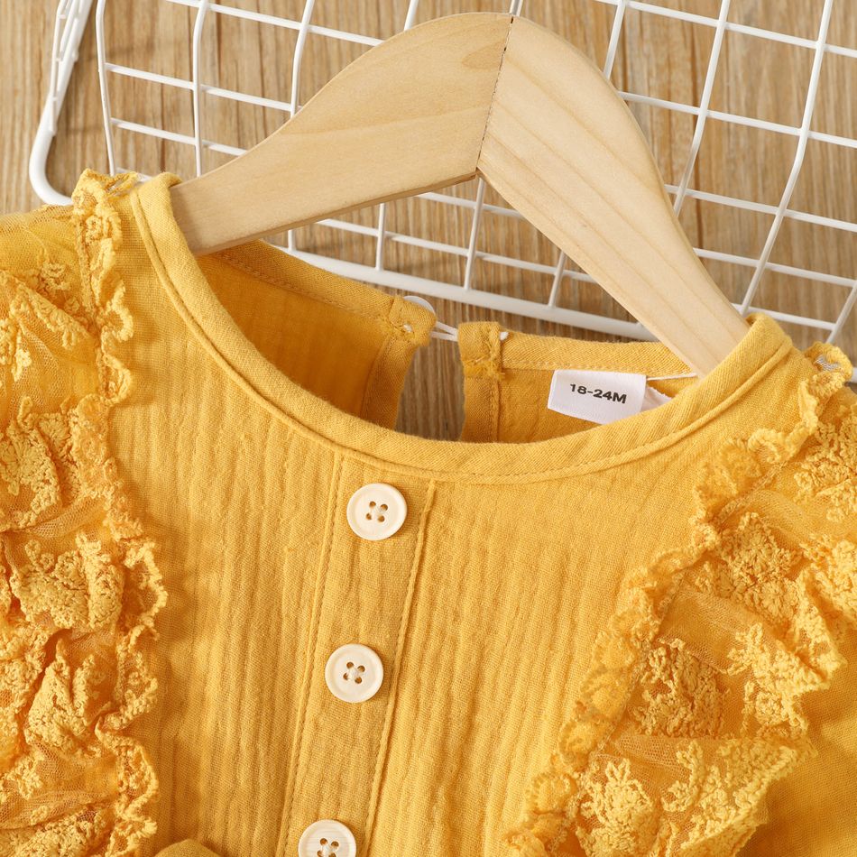 2pcs Toddler Girl Sweet 100% Cotton Ruffled Lace Design Crepe Dress and Headband Yellow big image 4