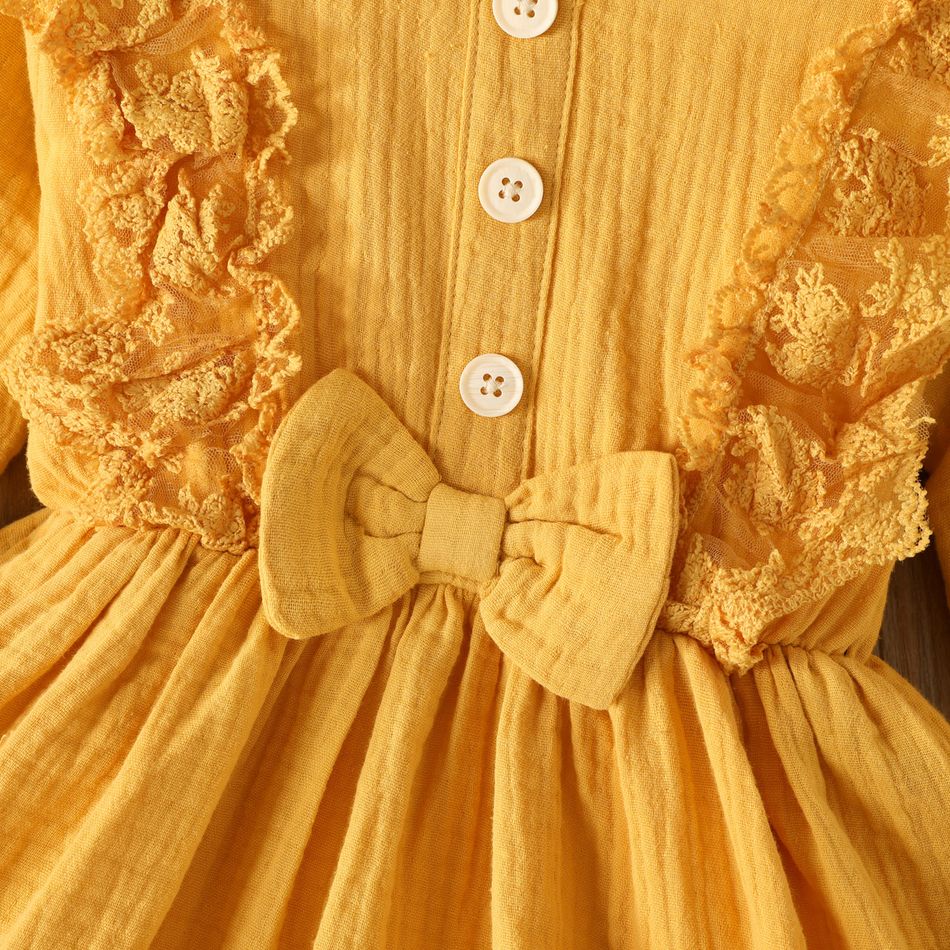 2pcs Toddler Girl Sweet 100% Cotton Ruffled Lace Design Crepe Dress and Headband Yellow big image 3