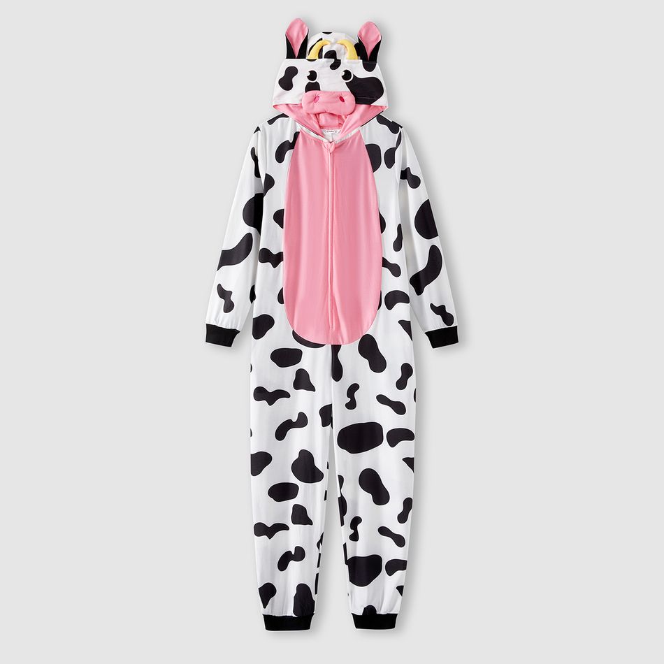 Family Matching Allover Cow Print 3D Ears Hooded Long-sleeve Zipper Onesies Pajamas (Flame Resistant) BlackandWhite big image 3