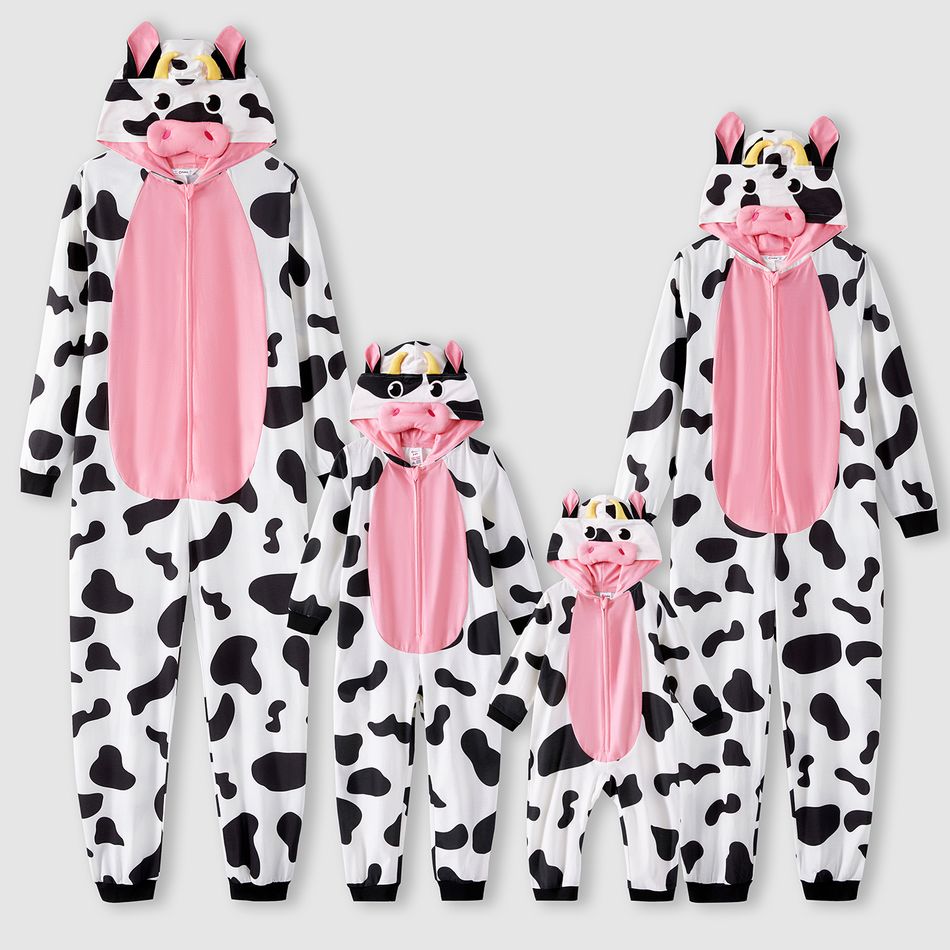 Family Matching Allover Cow Print 3D Ears Hooded Long-sleeve Zipper Onesies Pajamas (Flame Resistant) BlackandWhite