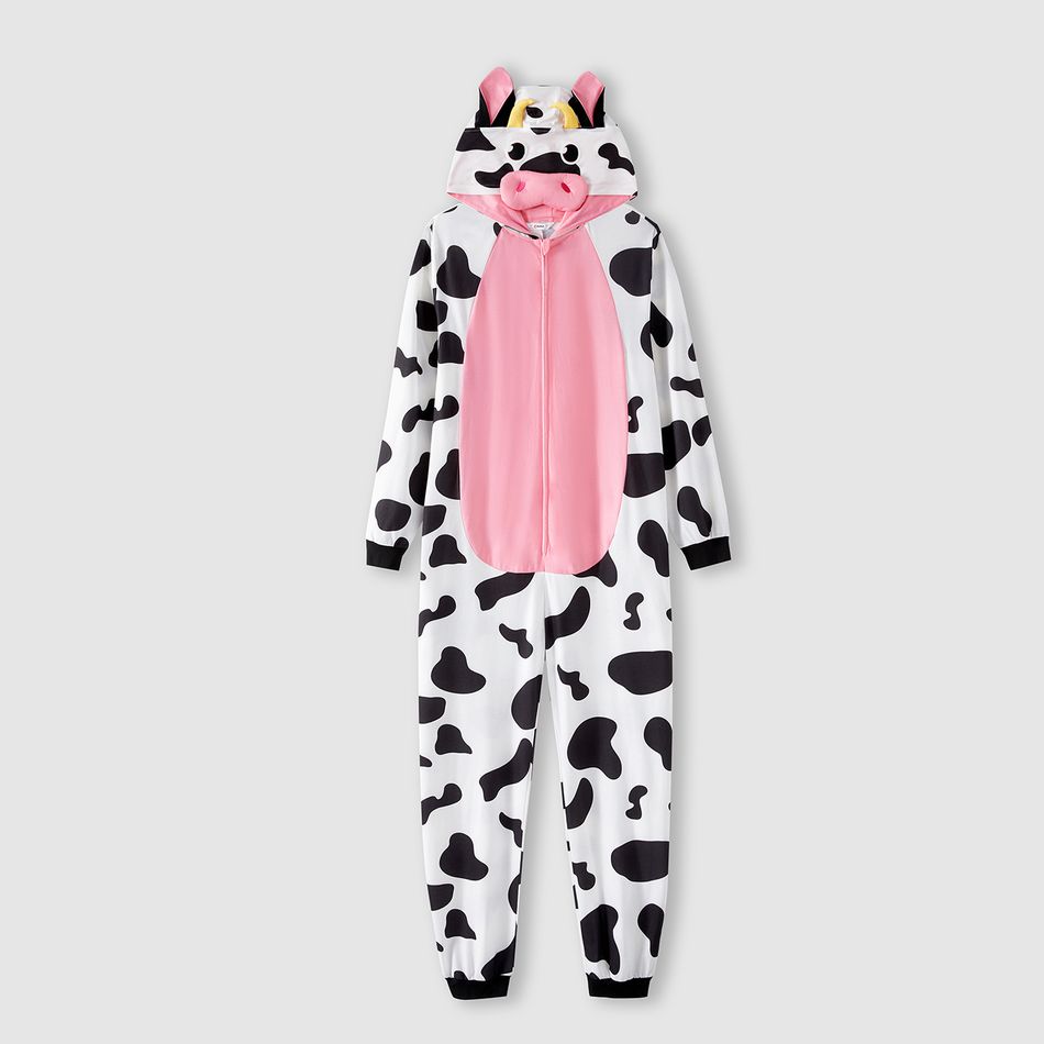 Family Matching Allover Cow Print 3D Ears Hooded Long-sleeve Zipper Onesies Pajamas (Flame Resistant) BlackandWhite big image 6